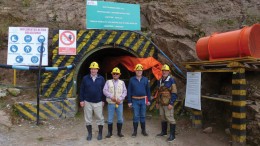 In front of the portal at Lupaka Gold’s Invicta gold-silver-copper-lead-zinc project in Peru, from left: Joe Archibald, Pandion Mine Finance president; Julio Castenada, Lupaka country manager; Tim Swendseid, RPM Engineering president of consulting for the Americas; and Gordon Elis, Lupaka president and CEO. Credit: Lupaka Gold.