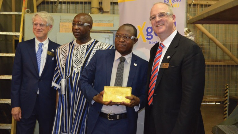 Celebrating first gold at Roxgold’s Yaramoko gold mine in Burkina Faso, from left: Roxgold chairman Oliver Lennox-King, Prime Minister of Burkina Faso Paul Kaba Thieba, Burkina Faso Minister of Mines Alfa Oumar Dissa and Roxgold president and CEO John Dorward. Credit: Roxgold.