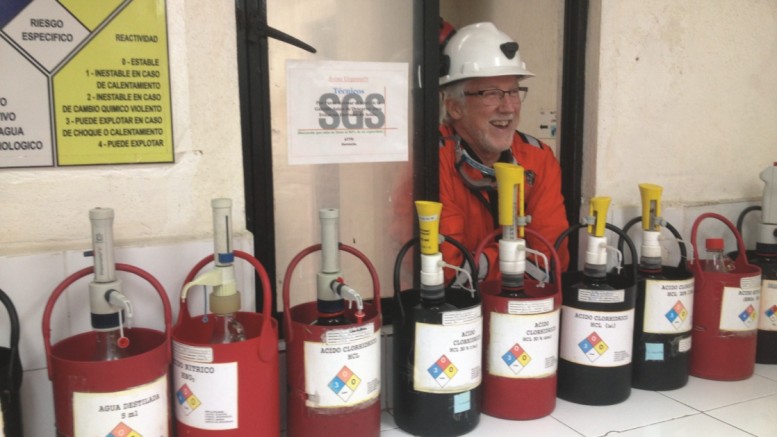 Robert Archer , Great Panther Silver president and CEO, listens in during a tour of the company's SGS-managed laboratory at its GMC silver-gold mine in Guanajuato, Mexico. Photo by Lesley Stokes