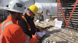 Workers examining core at Osisko Mining’s Windfall gold property, 200 km northeast of Val-d’Or, Quebec. Credit: Osisko Mining.
