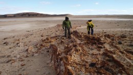Technical personnel collect samples at Mariana Resources’ Los Cisnes gold-silver property in Argentina’s Santa Cruz province. Credit: Mariana Resources.
