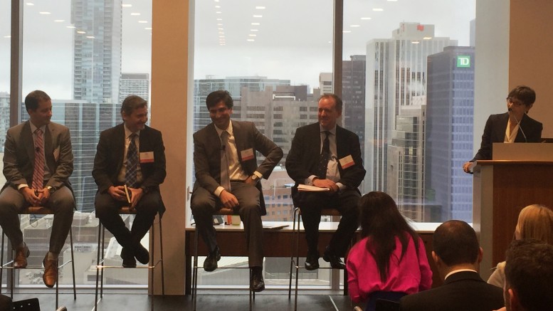 From left: Mariano Ortego, a partner at PwC Canada; Pablo Breard, Scotiabank’s vice-president and head of international economics; Ignacio Celorrio, partner-in-charge of the Natural Resources Group at Quevedo Abogado; Andrew Cheatle, the executive director of the Prospectors & Developers Association of Canada; Trish Saywell, The Northern Miner’s senior staff writer.