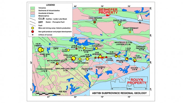 A map showing the Rouyn property in the context of the wider Abitibi region. Credit: Yorbeau Resources.