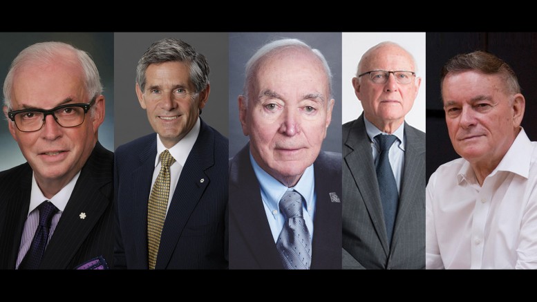 The Canadian Mining Hall of Fame 2017 inductees. From left: James Carter, Rob McEwen, Donald McLeod, William (Steve) Vaughan and John Zigarlick. Jr.