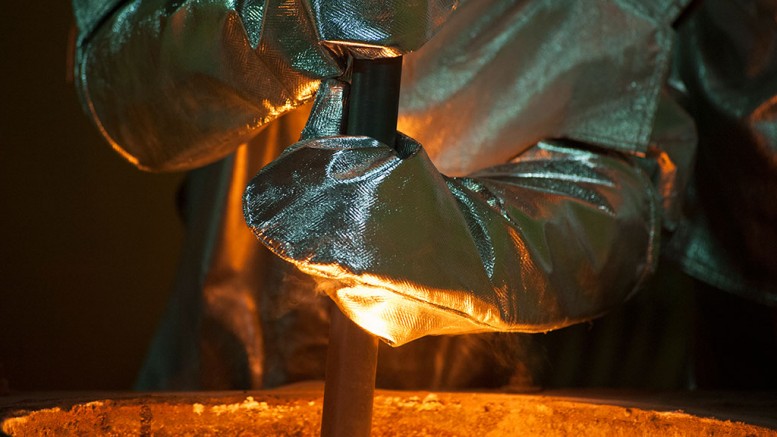 Handling molten gold at B2Gold's Otjikoto mine in Namibia. Credit: B2Gold Corp.