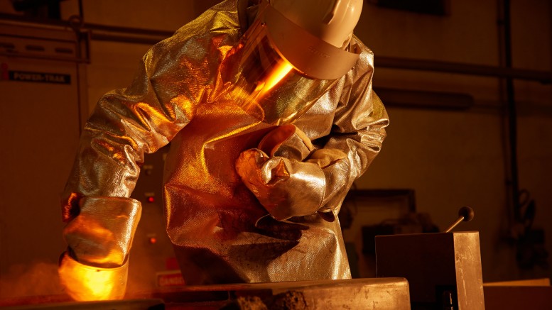 Employees pour gold at the Kisladag gold mine in Usak Province, Turkey. Credit: Eldorado Gold.