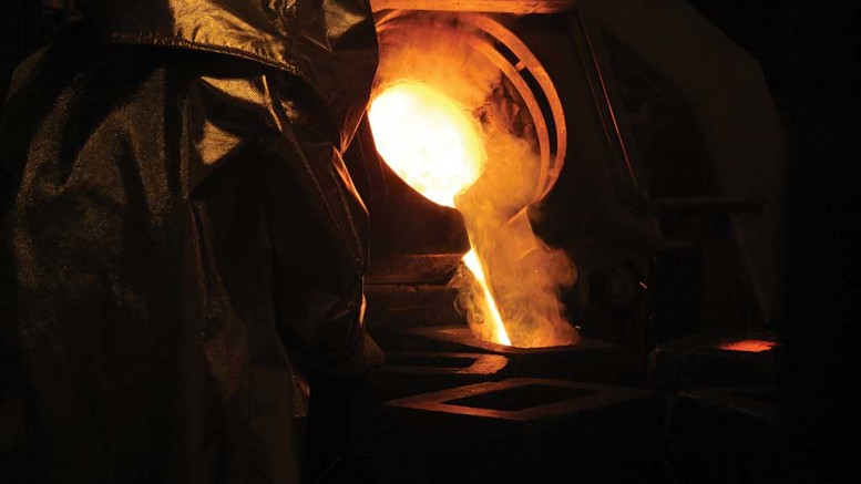 A gold pour at Newmont Mining’s Long Canyon gold mine in Nevada. Credit: Newmont Mining.