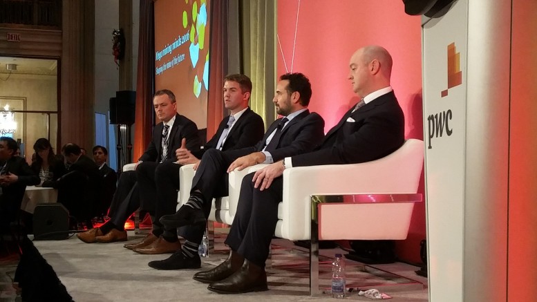 The junior mining panel at PwC's Mega Mining Mines event: Moderator David Redford of Cassels Brock; Steve de Jong, CEO of Integra Gold; Ari Sussman, CEO of Continental Gold; and Leigh Curyer, CEO of NexGen Energy.