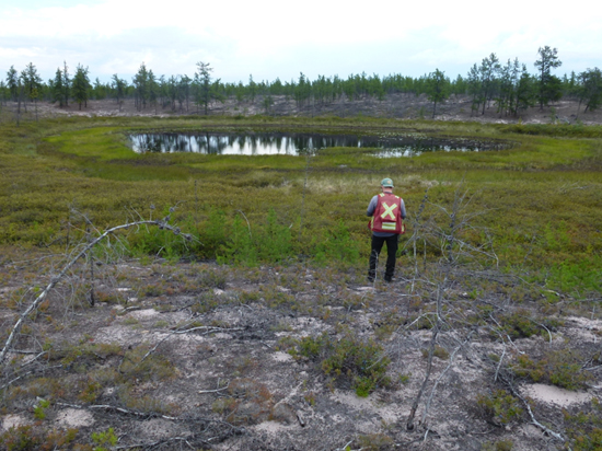 A geologist overlooks a potential kimberlite target at CanAlaska's West Athabasca diamond project in the Athabasca Basin of northwest Saskatchewan. Credit: CanAlaska Uranium.