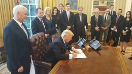 U.S. President Donald J. Trump signing an Executive Order giveing conditional approval for Energy Transfer Partners’ Dakota Access Pipeline for Bakken crude and TransCanada’s Keystone XL pipeline to bring Canadian diluted bitumen to refineries in Texas. Credit: White House.