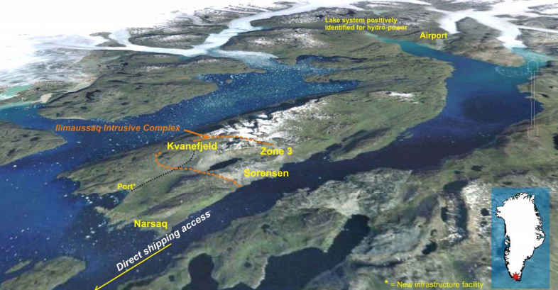 Overview of the Narsaq Peninsula in southern Greenland. The Kvanefjeld project is accessible year-round by ship from the North Atlantic. Credit: Greenland Minerals and Energy.