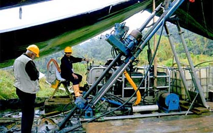 A drill crew at the Cangrejos gold-copper porphyry project in Ecuador's El Oro province at the foot of the Ecuadorian Andes. Credit: Odin Mining.