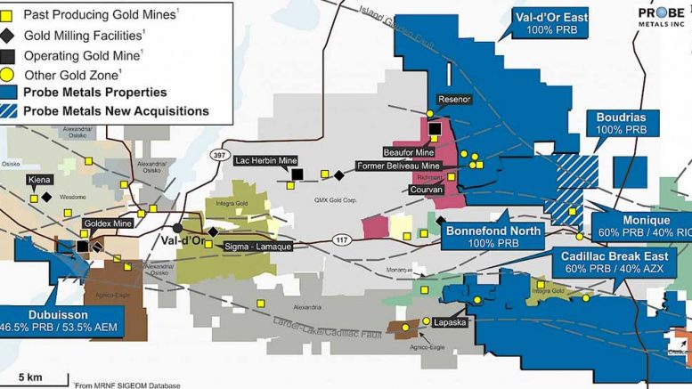 A map showing Probe Metals' Val d'Or East mining claims. Credit: Probe Metals.