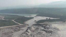 Material flows out of the tailings pond breach in August 2014 at Imperial Metals’ Mount Polley gold-copper mine, 140 km southeast of Quesnel, British Columbia. Credit: Cariboo Regional District.