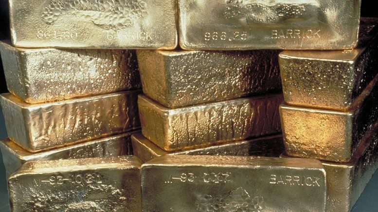 Stacked gold bars produced by Toronto-based Barrick Gold. Credit: Barrick Gold