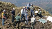 Senior consulting geologists Stan Myer and Fletcher Bourke lecturing investors, analysts and executives about the Cerro Quema project. Credit: Orla Mining.