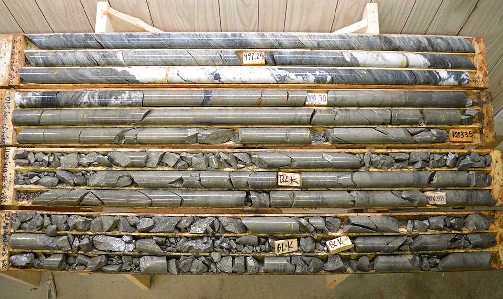 Drill core from Callinex Mines' Pine Bay project in Manitoba. Credit: Callinex Mines.