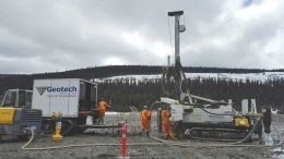 Workers and a drill rig at Barkerville Gold Mines’ Cow Mountain project, part of its Cariboo gold property in south-central British Columbia. Credit: Barkerville Gold Mines.