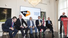 Sharing a laugh during a panel session at the Canadian Mining Symposium in London, in May 2017, from left: Stephen R. Mullowney, managing director & partner, Consulting & Deals, PwC; Patrick Anderson, president and CEO, Dalradian Resources; Rob McEwen, executive chairman, McEwen Mining; Ed Sterck, director, BMO Capital Markets; Ian Pearce, chairman, New Gold; and John Cumming, editor-in-chief, The Northern Miner. Photo by Martina Lang.