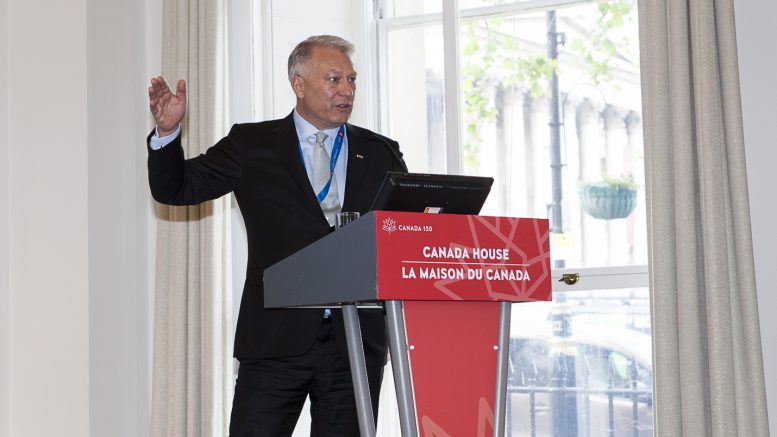 Osisko Mining president and CEO John Burzynski addresses delegates at The Northern Miner’s Canadian Mining Symposium in London in May. Photo by Martina Lang.