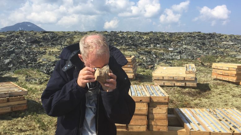 Geologist Trevor Bremner, special advisor to Goldstrike, examines a grab sample at Goldstrike's Plateau gold property in the Yukon. Credit: Goldstrike Resources.