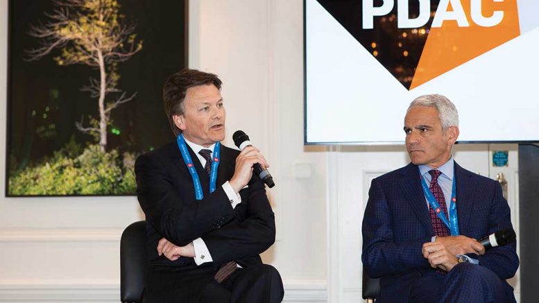 Barrick Gold president Kelvin Dushnisky (left) and Goldcorp president and CEO David Garofalo speaking at the Canadian Mining Symposium at Canada House in London, U.K., in May 2017. Photo by Martina Lang.