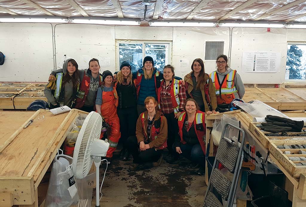 A group of women geologists, first-aid responders and drill core technicians at Barkerville Gold Mines’ Cariboo gold project in south-central B.C. gather to celebrate International Women’s Day on March 8.  Photo by Andrew Ganton.
