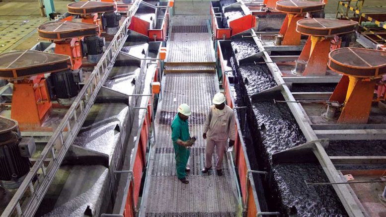 Workers in the flotation cell facility at Katanga Mining’s Katanga copper-cobalt project (majority-owned by Glencore) in the Democratic Republic of the Congo, before processing was suspended in 2015. Credit: Katanga Mining.