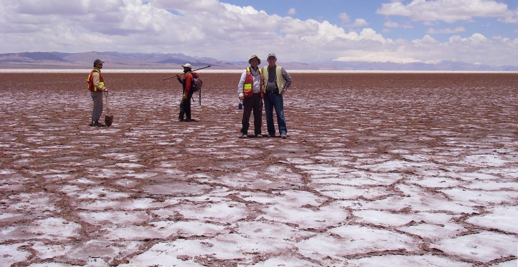 Pausing for a photo at the Cauchari salt lake at Lithium Americas's Cauchari-Olaroz lithium brine project in northwestern Argentina's Jujuy province. Credit: Lithium Americas.