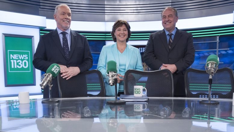 From left: B.C. NDP Leader John Horgan, Liberal Leader and Premier Christy Clark and B.C. Green Party leader Andrew Weaver pose for a photo following the leaders debate in Vancouver on April 20. Credit: CP.