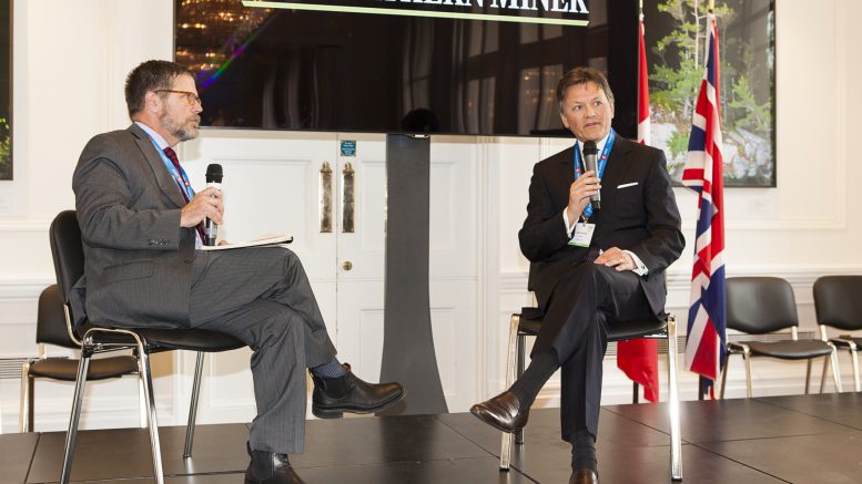 At the Canadian Mining Symposium hosted by The Northern Miner at Canada House in London, U.K., in May 2017 (from left): session moderator Bill Whitelaw, executive vice-president of Northern Miner parent company Glacier Media and Kelvin Dushnisky, president of Barrick Gold. Photo by Martina Lang.