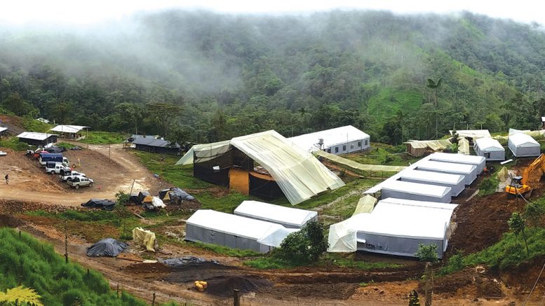 SolGold’s Cascabel camp, 180 km north of Quito in Ecuador. The company expects to ramp up from five to eight drill rigs before delivering its first inferred resource estimate at the property’s Alpala porphyry cluster later this year. Credit: SolGold.
