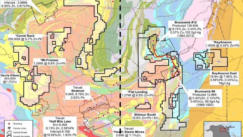 A map of deposits in New Brunswick's prolific Bathurst mining camp. Credit: Osisko Metals.