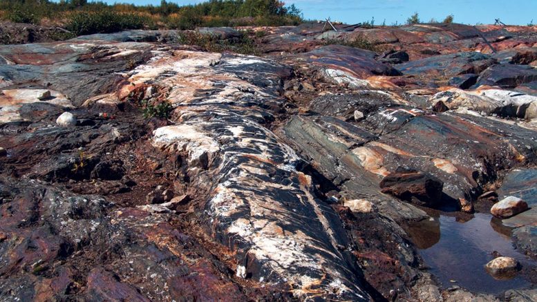 An outcrop with visible veining and “piano key” breccia at the proposed pit location Eastmain Resources’ Eau Claire gold project in Quebec’s James Bay region. Credit: Eastmain Resources.