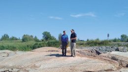 Probe Metals president & CEO David Palmer(left) and Industrial Alliance Securities analyst George Topping at the Val-d’Or East gold property in northern Quebec. Credit: Probe Metals.