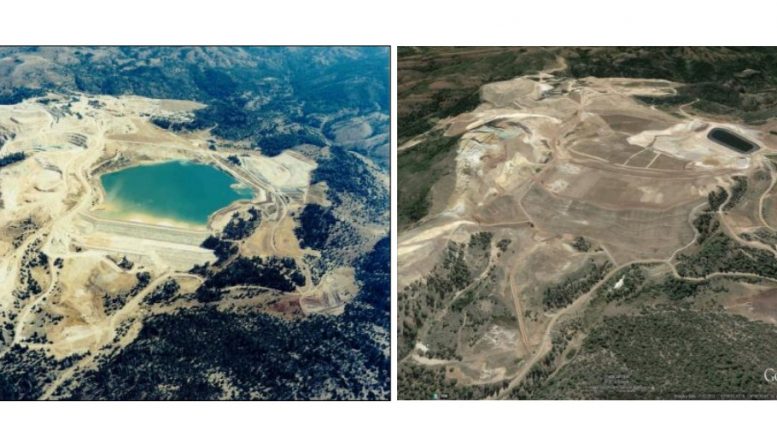 Kinross Gold's closure and rehabilitation efforts at it DeLamar gold mine site in southern Idaho, comparing the 1990s (left) with 2012. Credit: Kinross Gold.