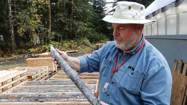 Dolly Varden Silver’s vice-president of exploration Ben Whiting examines core at the firm’s eponymous silver-lead-zinc project in British Columbia. Photo by Rob van Egmond.