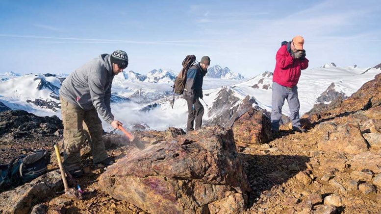 Prospecting at Garibaldi Resources’ E&L nickel-copper property in northwestern British Columbia, from left: Jeremy Hanson, Matt Fraser and Everett Makela, vice-president of exploration. Credit: Garibaldi Resources.