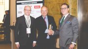 Matt Manson (centre), Stornoway Diamond president and CEO, accepts The Northern Miner’s Mining Person of the Year Award for 2016 from editor-in-chief John Cumming (left) and publisher Anthony Vaccaro in October 2017 during the Progressive Mine Forum in Toronto. Credit: George Matthew Photography.