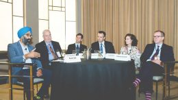 Participants in the roundtable discussion about corporate social responsibility at The Northern Miner’s Progressive Mine Forum in October, from left: Kulvir Gill, senior principal at Clareo; Doug Morrison, president and CEO at the Centre for Excellince in Mining Innovation; George Hemingway, partner and innovation practice lead at Stratalis Consulting; Stéphane Leblanc, managing director of energy and minerals at Rio Tinto Iron & Titanium; Lisa Davis, CEO at PearTree Securities; and Andrew Cheatle, thenexecutive director at the Prospectors and Developers Association of Canada. Photo by Matthew George Photography.