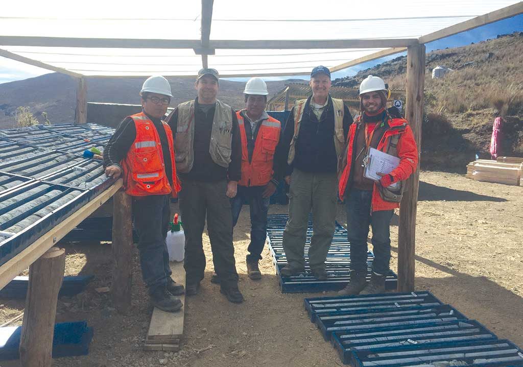 Chakana Copper’s project team at the Soledad copper-gold-silver project in the western ranges of the Andes in Peru, from left: Carlos Montoya, project manager; Steve Park, chief consulting geologist; Favio Medrano, field assistant; David Kelley, CEO; and Victor Torres, project geologist. Credit: Chakana Copper.