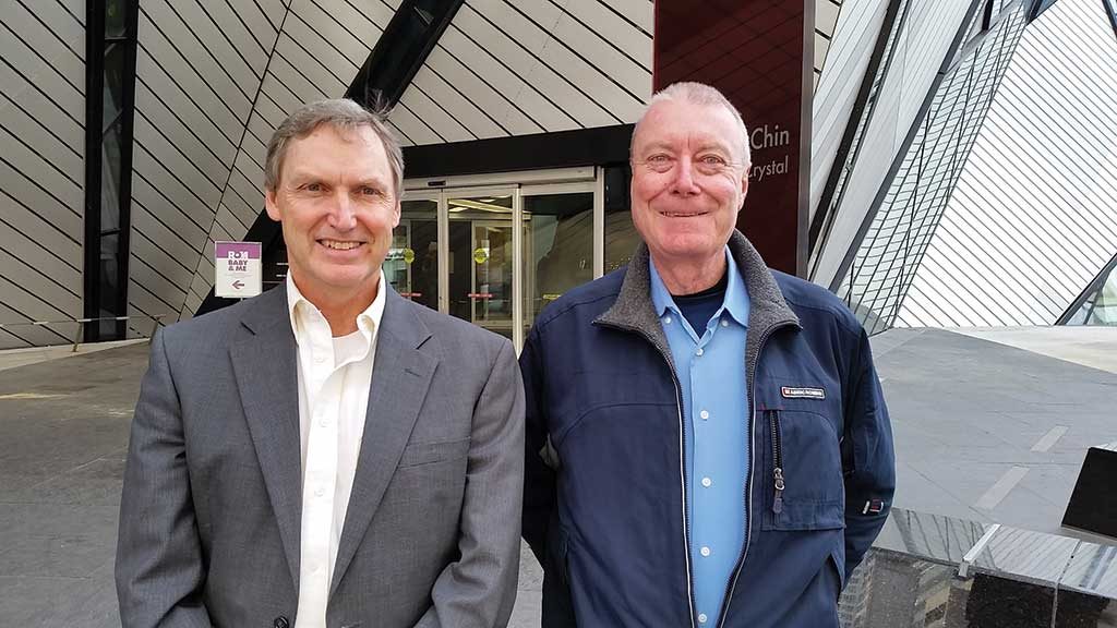 Chakana Copper CEO David Kelley (left) and chairman Douglas Kirwin outside the Royal Ontario Museum in Toronto, where some of Kirwin’s mineral and ore collection is on display. Photo by Trish Saywell.