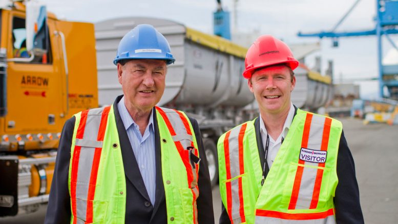 Copper Mountain Mining CEO Jim O'Rourke (L) and CFO Rod Shier (R) during concentrate shipping at the Vancouver Wharf. Credit: Copper Mountain Mining.