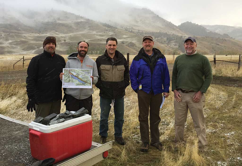 The team at Group Ten Metals’ newly-acquired Stillwater West PGM-nickel-copper project in Montana, from left: Mike Ostenson, geologist; Justin Modroo, geophysicist; Michael Rowley, president and CEO; Greg Johnson, executive chair; Craig Bow, chief geologist. Credit: Group Ten Metals.