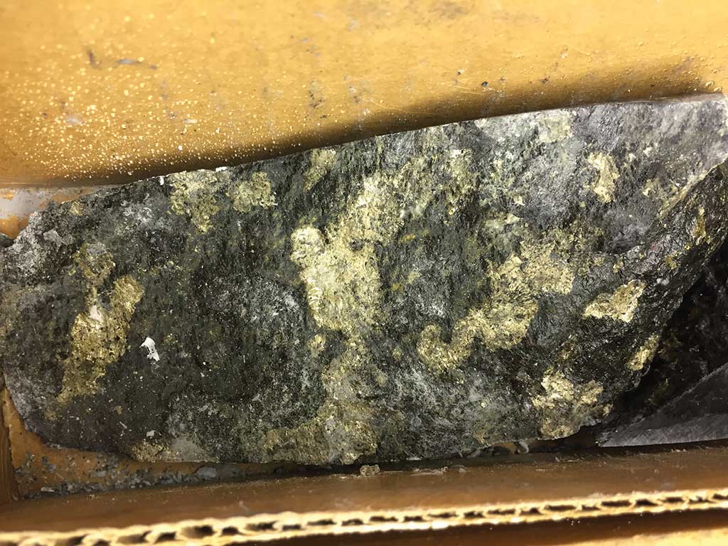 Nickel-copper-PGM mineralization in historic core from the lower Stillwater Complex on Group Ten Metals’ Stillwater West project in Montana. Credit: Group Ten Metals.