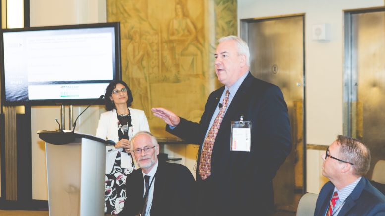 The Mine Closure Roundtable. From left to right: Alisha Hiyate, moderator and editor of Canadian Mining Journal; Ken Bocking of Golder Associates; Douglas Morrison, CEO of CEMI; and Steven Woolfen, director of environment for Iamgold.