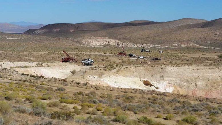 Drill rigs and vehicles at Corvus Gold’s Mother Lode gold project, 150 km northwest of Las Vegas, Nevada. Credit: Corvus Gold.