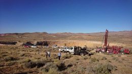 A drill site at Northern Empire’s Sterling gold project in Nevada. The drill in the background sits on Corvus Gold’s Mother Load property. Photo by Richard Quarisa.