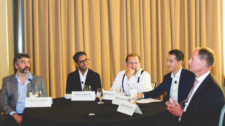 Innovation in exploration speakers at The Northern Miner’s Progressive Mine Forum in October, from left: Mohan Srivastava, TriStar Gold vice-president; Pavel Rahman, data scientist and partner, IBM Canada; Michael Dehn, Avanti Management consultant; Robin Lee Fell, Strategic Technology Solutions director, Goldcorp; and Richard Spencer, Aurania Resources president. Credit: George Matthew Photography.