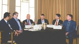 The mine development roundtable at the Northern Miner's Progressive Mine Forum in Toronto in October 2017, from left: Subo Chatterjee, vice-president of consulting and business transformation leader at PwC Canada; Gordon Stothart, executive vice-president and chief operating officer of Iamgold; Matt Manson, president and CEO of Stornoway Diamond; Walter Siggelkow, president and founder of Hard-Line Solutions; John Mullally, director of government relations & energy at Goldcorp; and Ewan Downie, president and CEO of Premier Gold Mines.